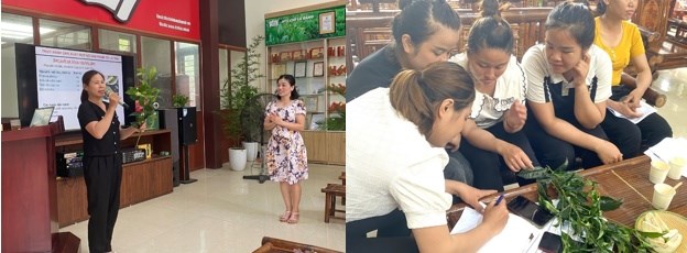 Người tham gia học lý thuyết và thuyết trình về cây chè và công dụng. ảnh: Hoàng Tuấn.