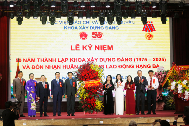 Các thế hệ sinh viên, học viên, nghiên cứu sinh của Khoa Xây dựng Đảng tặng hoa chúc mừng Khoa