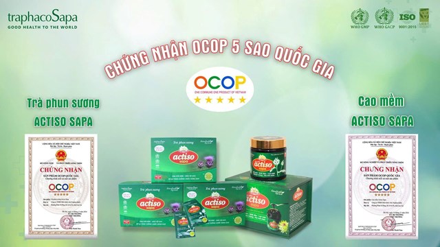 Cao mềm Actiso v&agrave; tr&agrave; phun sương Actiso của TraphacoSapa được c&ocirc;ng nhận OCOP 5 sao đầu ti&ecirc;n v&agrave; duy nhất của tỉnh L&agrave;o Cai (14/11/2024), khẳng định chất lượng vượt trội v&agrave; g&oacute;p phần quảng b&aacute; h&igrave;nh ảnh T&acirc;y Bắc gi&agrave;u bản sắc, đậm gi&aacute; trị văn h&oacute;a.