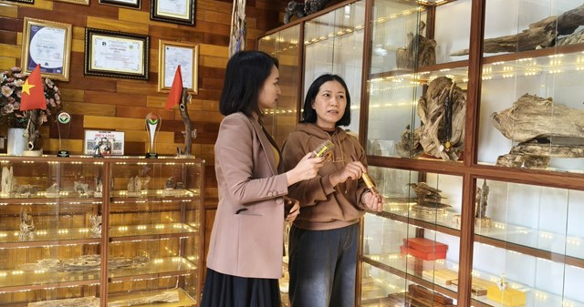 Chị Trương Thị Thu Hiền chủ HTX Hiền Linh đang trao đổi với ph&oacute;ng vi&ecirc;n về những sản phẩm của đơn vị đang được trưng b&agrave;y tại cửa h&agrave;ng