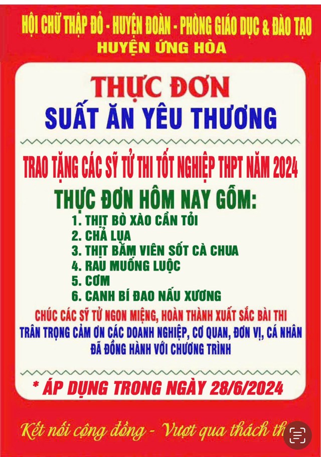 Mỗi suất ăn trị gi&aacute; khoảng 30.000 &ndash; 35.000 đồng, sẽ được ph&aacute;t tại c&aacute;c điểm thi như Trường THPT Đại Cường, THPT Trần Đăng Ninh, THPT Ứng H&ograve;a B, THCS Quảng Ph&uacute; Cầu.