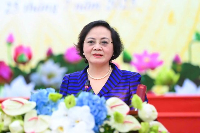 Bộ trưởng Bộ Nội vụ Phạm Thị Thanh Tr&agrave; ph&aacute;t biểu tại Hội nghị sơ kết 6 th&aacute;ng đầu năm 2025, ng&agrave;y 25/7 tại H&agrave; Nội. (Ảnh: Bộ Nội vụ)