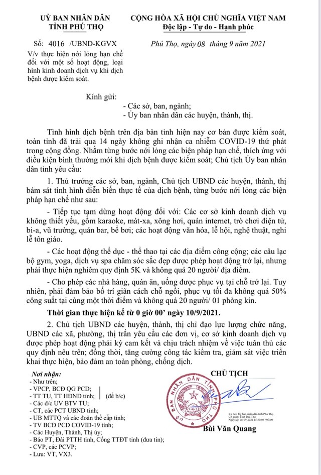Văn bản số 4016/UBND-KGVX về việc thực hiện nới lỏng hạn chế đối với một số hoạt động, loại h&igrave;nh kinh doanh dịch vụ.