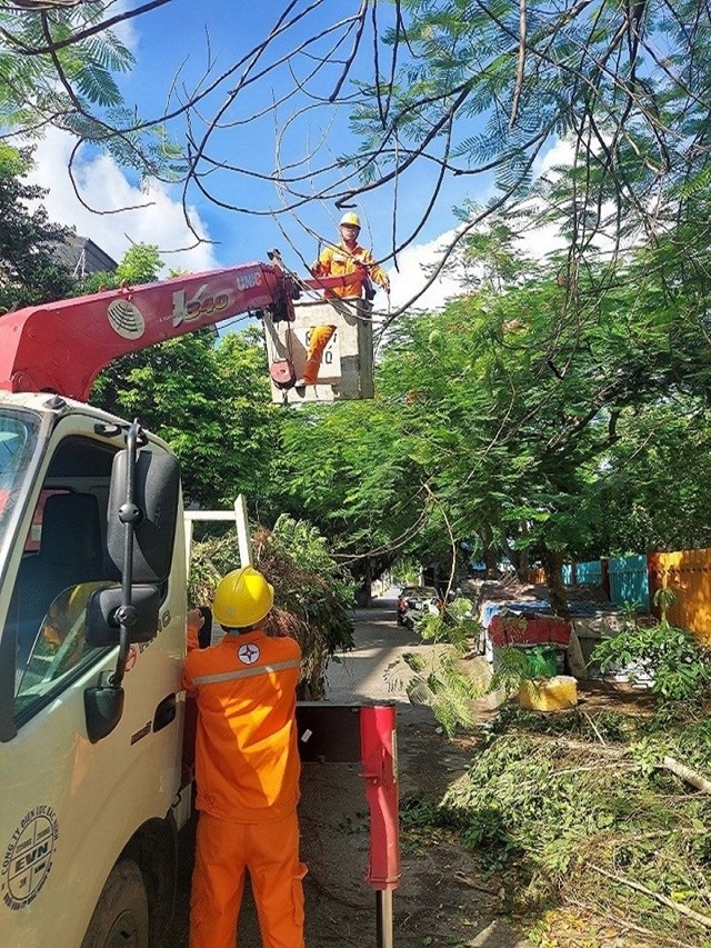 C&ocirc;ng nh&acirc;n Điện lực Th&agrave;nh phố Bắc Ninh cắt tỉa c&agrave;nh c&acirc;y đảm bảo h&agrave;nh lang an to&agrave;n lưới điện