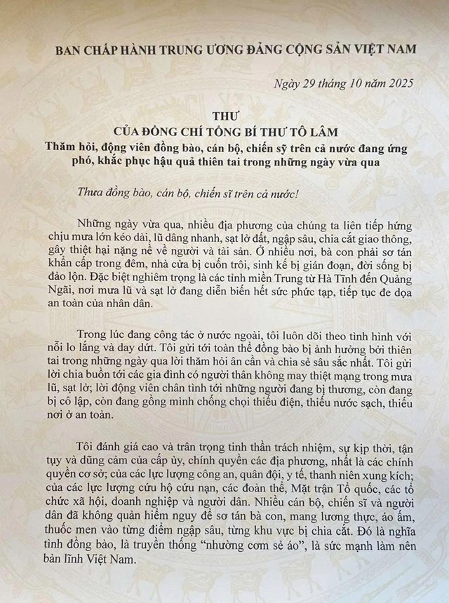 Tổng Bí thư Tô Lâm gửi Thư thăm hỏi, động viên đồng bào vùng thiên tai - Ảnh 1