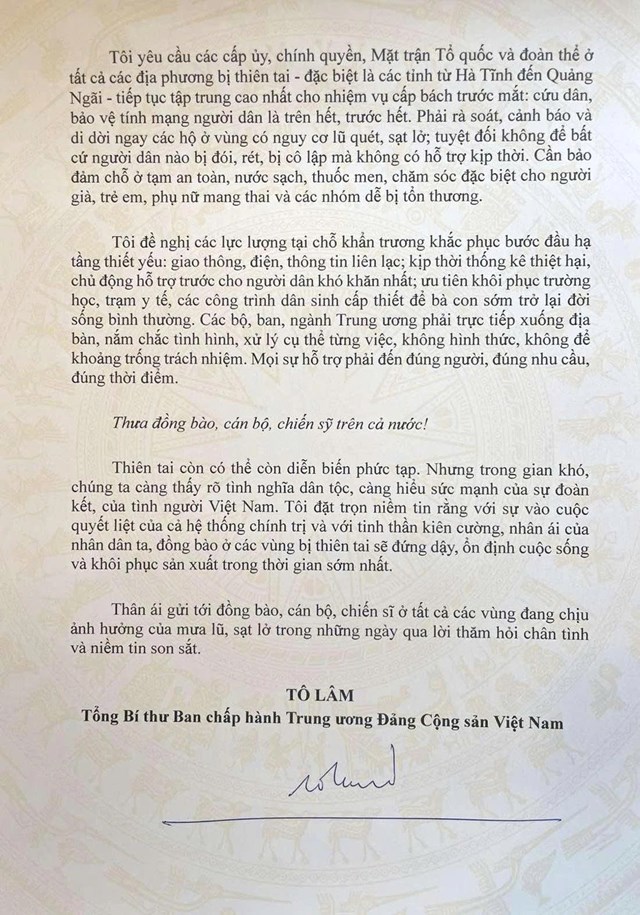 Tổng Bí thư Tô Lâm gửi Thư thăm hỏi, động viên đồng bào vùng thiên tai - Ảnh 2