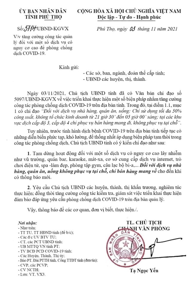 Văn bản UBND tỉnh Ph&uacute; Thọ về việc tăng cường c&ocirc;ng t&aacute;c quản l&yacute; đối với một số dịch vụ c&oacute; nguy cơ cao để ph&ograve;ng chống dịch bệnh COVID -19.