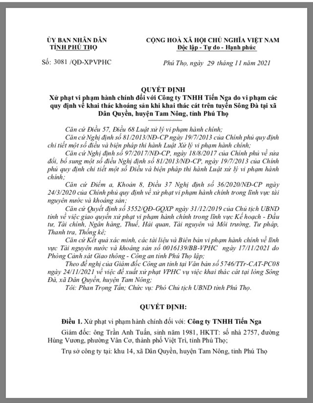 Ph&#250; Thọ: Xử phạt C&#244;ng ty TNHH Tiến Nga vi phạm c&#225;c quy định về khai th&#225;c kho&#225;ng sản tr&#234;n s&#244;ng Đ&#224; - Ảnh 1