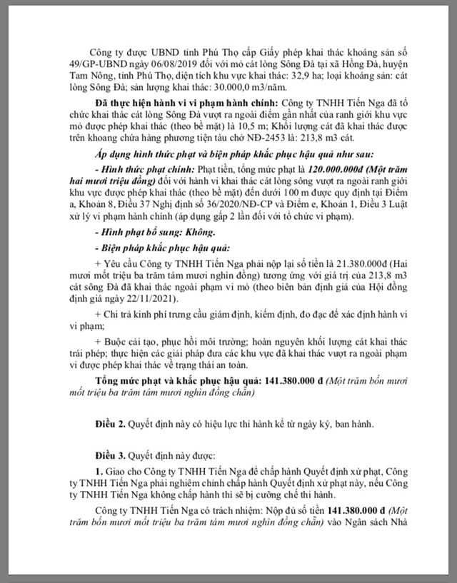Ph&#250; Thọ: Xử phạt C&#244;ng ty TNHH Tiến Nga vi phạm c&#225;c quy định về khai th&#225;c kho&#225;ng sản tr&#234;n s&#244;ng Đ&#224; - Ảnh 2