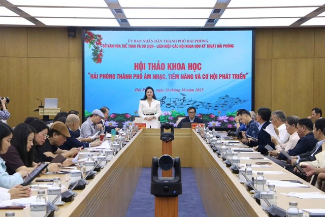 iến sĩ Trần Thị Hoàng Mai, Thành ủy viên, Giám đốc Sở Văn hóa, Thể thao và Du lịch Hải Phòng phát biểu khai mạc Hội thảo