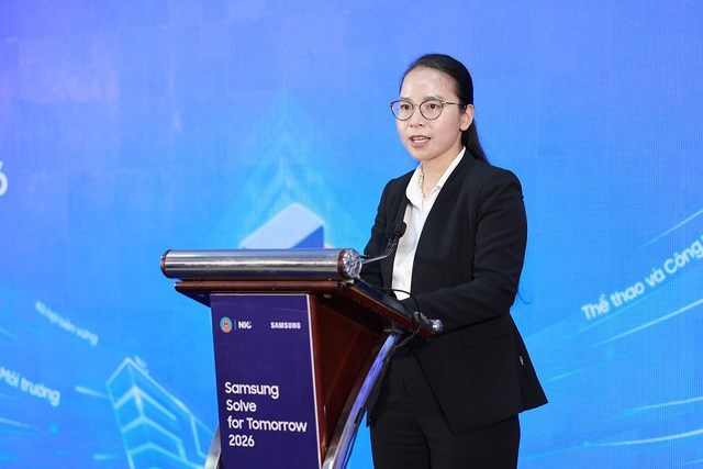 B&agrave; Kim Ngọc Thanh Nga - Ph&oacute; Gi&aacute;m đốc Trung t&acirc;m Đổi mới s&aacute;ng tạo Quốc gia - Bộ T&agrave;i ch&iacute;nh ph&aacute;t biểu tại sự kiện