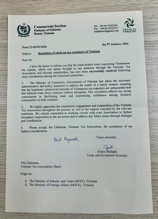 Ph&ograve;ng Thương mại &ndash; Đại sứ qu&aacute;n Pakistan tại Việt Nam c&oacute;&nbsp;thư ch&iacute;nh thức gửi Hiệp hội Ch&egrave; Việt Nam