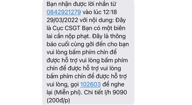 Tin nhắn giả mạo th&ocirc;ng b&aacute;o phạt nguội