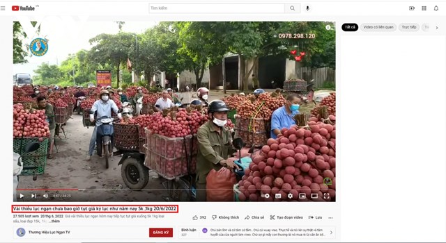 K&ecirc;nh Youtube &ldquo;Thương hiệu Lục Ngạn TV&rdquo; đăng tải video với ti&ecirc;u đề &ldquo;Vải thiều lục ngạn chưa bao giờ tụt gi&aacute; kỷ lục như năm nay 5k/1kg&rdquo; (ảnh chụp m&agrave;n h&igrave;nh).
