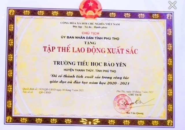 Trường Tiểu học Bảo Y&ecirc;n được Chủ tịch UBND tỉnh Ph&uacute; Thọ tặng danh hiệu &ldquo; Tập thể lao động xuất sắc&rdquo;