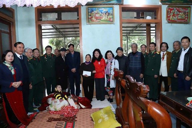 Đ/c thiếu tướng Ho&agrave;ng Mạnh An, nguy&ecirc;n viện trưởng Viện Qu&acirc;n y 103 c&ugrave;ng đo&agrave;n c&ocirc;ng t&aacute;c của Hội Qu&acirc;n nh&acirc;n y Việt Nam đến thăm v&agrave; tặng qu&agrave; cho ch&aacute;u Trần Thị Hợp l&agrave; con g&aacute;i cố Đại t&aacute; Trần Xu&acirc;n T&iacute;ch ở th&ocirc;n Nghĩa L&yacute;, x&atilde; Đại Đ&igrave;nh bị di chứng nhiễm chất độc h&oacute;a học Dioxin.