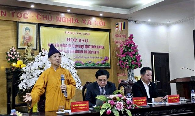 H&ograve;a thượng Th&iacute;ch Thanh Quyết, Ph&oacute; Chủ tịch Hội đồng Trị sự Gi&aacute;o hội Phật gi&aacute;o Việt Nam, ph&aacute;t biểu tại buổi họp b&aacute;o, nhấn mạnh gi&aacute; trị lịch sử &ndash; văn h&oacute;a &ndash; t&acirc;m linh của Di sản văn h&oacute;a thế giới Y&ecirc;n Tử.