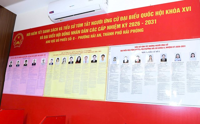 Nơi ni&ecirc;m yết danh s&aacute;ch v&agrave; tiểu sử t&oacute;m tắt người ứng cử ĐBQH kh&oacute;a XVI v&agrave; đại biểu HĐND c&aacute;c cấp nhiệm kỳ 2026 2031 tại khu vực bỏ phiếu số 8, phường Hải An.