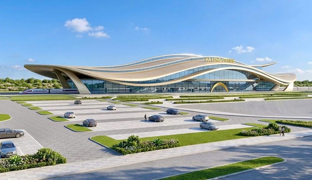 Phối cảnh nh&agrave; ga Hạ Long Station &ndash; điểm cuối của tuyến đường sắt tốc độ cao H&agrave; Nội &ndash; Quảng Ninh, được thiết kế với cảm hứng từ chuyển động s&oacute;ng biển.