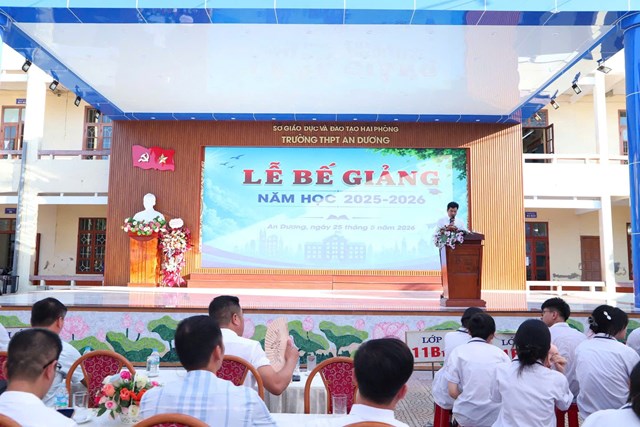 Thầy gi&aacute;o Vũ Văn Huy - Hiệu trưởng Trường THPT An Dương ph&aacute;t biểu tổng kết năm học, ghi nhận những th&agrave;nh quả đ&atilde; đạt được v&agrave; định hướng cho chặng đường ph&aacute;t triển tiếp theo của nh&agrave; trường.