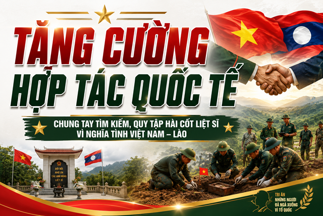 Đồ họa minh họa c&ocirc;ng t&aacute;c tăng cường hợp t&aacute;c giữa Việt Nam v&agrave; L&agrave;o trong t&igrave;m kiếm, quy tập h&agrave;i cốt liệt sĩ, với h&igrave;nh ảnh lực lượng quy tập thực hiện nhiệm vụ tr&ecirc;n thực địa, thể hiện quyết t&acirc;m chung tay thực hiện hiệu quả c&ocirc;ng t&aacute;c "Đền ơn đ&aacute;p nghĩa" v&agrave; vun đắp quan hệ hữu nghị đặc biệt giữa hai nước