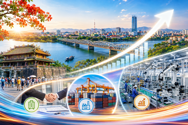 Ba động lực tăng trưởng gồm du lịch, c&ocirc;ng nghiệp chế biến, chế tạo v&agrave; đầu tư đang tạo nền tảng để th&agrave;nh phố Huế phấn đấu ho&agrave;n th&agrave;nh mục ti&ecirc;u tăng trưởng GRDP từ 10% trở l&ecirc;n trong năm 2026. (Ảnh minh họa: AI)