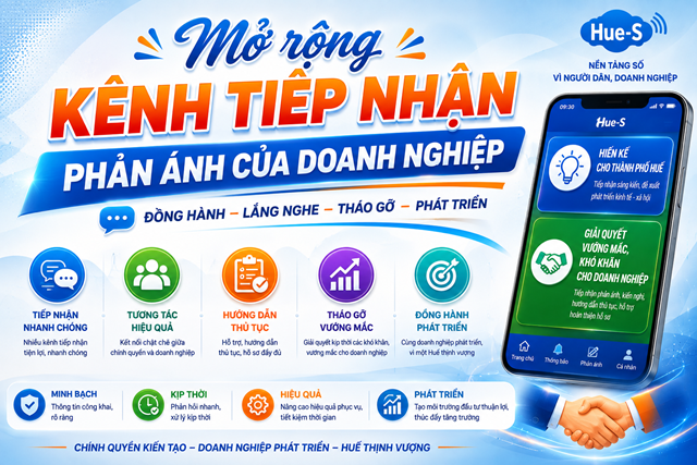 Th&agrave;nh phố Huế mở rộng k&ecirc;nh tiếp nhận phản &aacute;nh, kiến nghị của doanh nghiệp tr&ecirc;n nền tảng Hue-S, g&oacute;p phần n&acirc;ng cao hiệu quả đối thoại, cải thiện m&ocirc;i trường đầu tư v&agrave; đồng h&agrave;nh c&ugrave;ng doanh nghiệp ph&aacute;t triển