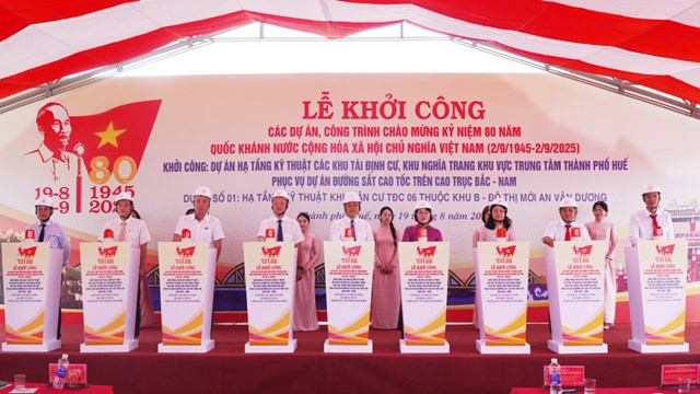 C&aacute;c đại biểu thực hiện nghi thức khởi c&ocirc;ng dự &aacute;n hạ tầng kỹ thuật khu d&acirc;n cư TĐC 06