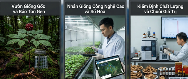 Quy tr&igrave;nh kh&eacute;p k&iacute;n trong ph&aacute;t triển S&acirc;m Ngọc Linh, gồm ba giai đoạn: Vườn giống gốc v&agrave; bảo tồn gen (tr&aacute;i), nh&acirc;n giống c&ocirc;ng nghệ cao v&agrave; số h&oacute;a (giữa), v&agrave; kiểm định chất lượng c&ugrave;ng chuỗi gi&aacute; trị (phải). Ảnh minh họa