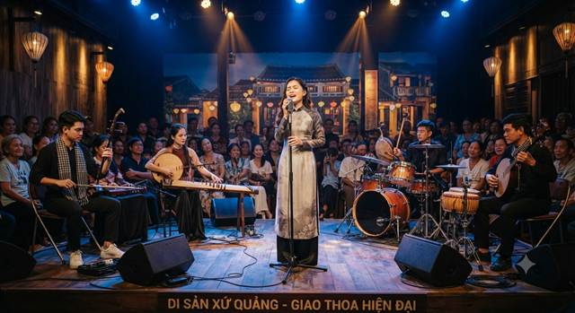 Tiết mục &acirc;m nhạc kết hợp độc đ&aacute;o giữa c&aacute;c nhạc cụ truyền thống v&agrave; hiện đại, mang hơi thở d&acirc;n ca xứ Quảng v&agrave;o kh&ocirc;ng gian đương đại. (Ảnh minh họa)