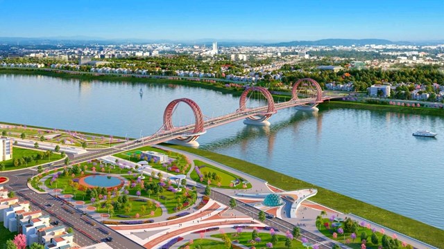 Phối cảnh cầu Tr&agrave; Kh&uacute;c 1 với thiết kế d&acirc;y v&otilde;ng tự neo, tạo điểm nhấn kiến tr&uacute;c cho đ&ocirc; thị Quảng Ng&atilde;i