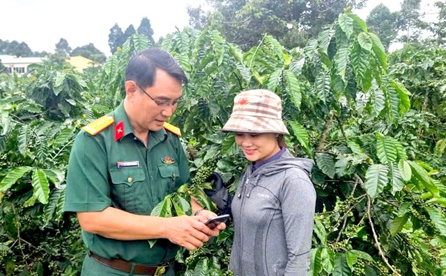 Thượng t&aacute; L&ecirc; Trung Th&agrave;nh- Gi&aacute;m đốc C&ocirc;ng ty C&agrave; ph&ecirc; 15 hướng dẫn người lao động sử dụng phần mềm &ldquo;Nhật k&yacute; sản xuất số&rdquo;.
