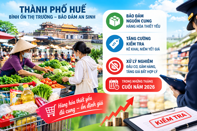 Th&agrave;nh phố Huế tăng cường kiểm tra việc ni&ecirc;m yết gi&aacute;, bảo đảm nguồn cung h&agrave;ng h&oacute;a thiết yếu v&agrave; b&igrave;nh ổn thị trường trong những th&aacute;ng cuối năm 2026. Ảnh minh họa AI
