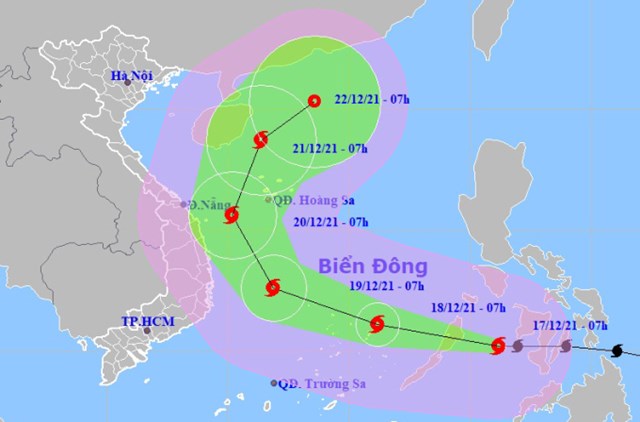 Dự kiến đường đi của b&atilde;o Rai. Ảnh:&nbsp;NCHMF