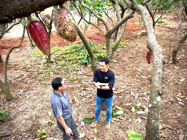 Anh Trần Quốc T&ugrave;ng (&aacute;o xanh than đen) chia sẻ với t&aacute;c giả về kh&aacute;t vọng x&acirc;y dựng m&ocirc; h&igrave;nh kinh tế xanh, kinh tế tuần ho&agrave;n m&agrave; anh đang theo đuổi.