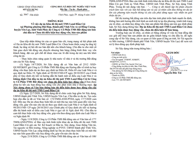Sở X&acirc;y dựng tỉnh Vĩnh Ph&uacute;c cảnh b&aacute;o việc dự &aacute;n&nbsp;Khu đ&ocirc; thị mới TMS Land Đầm C&oacute;i mở b&aacute;n khi kh&ocirc;ng đủ điều kiện