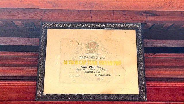 Năm 2016, đền được xếp hạng l&agrave; di t&iacute;ch lịch sử cấp tỉnh