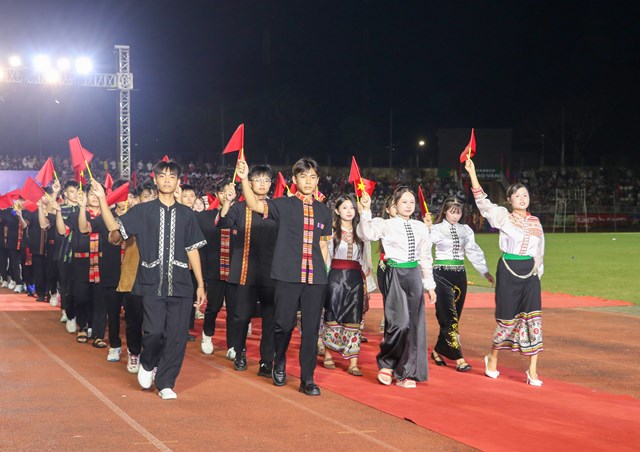 S&acirc;n vận động Vinh ho&agrave;nh tr&aacute;ng với 38 khối diễu h&agrave;nh, đại diện cho 130 x&atilde;, phường c&ugrave;ng c&aacute;c cơ quan, ban, ng&agrave;nh, đo&agrave;n thể, lực lượng vũ trang v&agrave; đơn vị tr&ecirc;n địa b&agrave;n tỉnh lần lượt tiến qua lễ đ&agrave;i.
