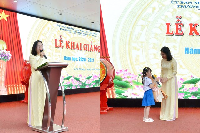 c&ocirc; Nguyễn Thanh V&acirc;n, Hiệu trưởng nh&agrave; trường l&ecirc;n ph&aacute;t biểu v&agrave; nhận hoa từ khối học sinh lớp 1