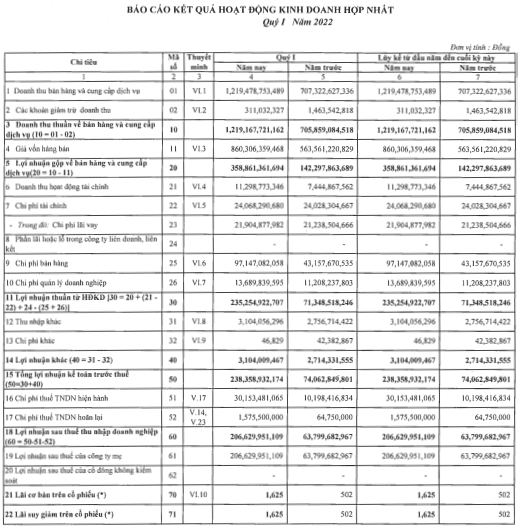 Nguồn: Báo cáo tài chính quý I/2022