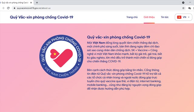 Website của Quỹ Vắc xin phòng chống Covid-19 là nơi tiếp nhận sự ủng hộ của các tổ chức, cá nhân trong và ngoài nước 