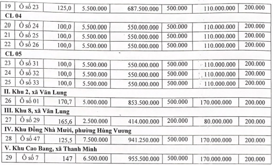 Danh sách các lô đất sắp được đấu giá.