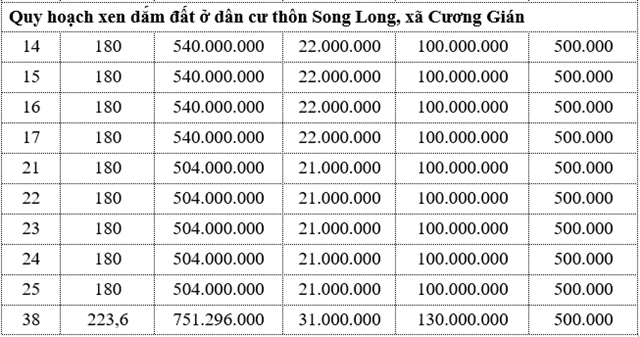 Danh sách các lô đất đấu giá.