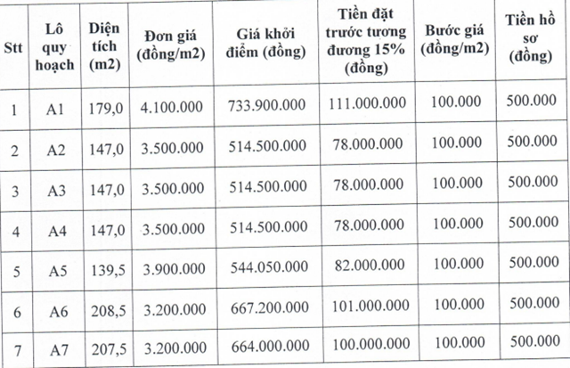 Danh s&aacute;ch c&aacute;c thửa đất đấu gi&aacute;.