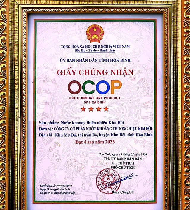 Chứng nhận sản phẩm OCOP 4 sao năm 2023 l&agrave; minh chứng thiết thực cho uy t&iacute;n v&agrave; chất lượng của thương hiệu nước kho&aacute;ng Kim B&ocirc;i.