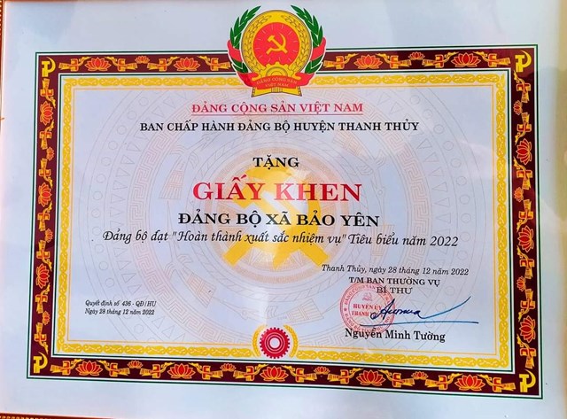 Đảng bộ xã Bảo Yên hoàn thành xuất sắc tiêu biểu nhiệm vụ. 