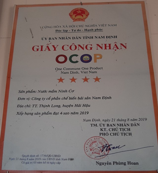 Sản phẩm OCOP cấp tỉnh đạt 4 sao đầu ti&ecirc;n ở Nam Định v&agrave;o năm 2019.