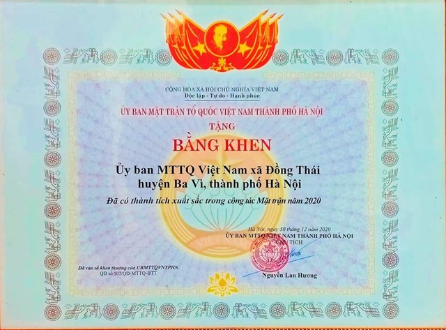 Ủy ban MTTQ xã Đồng Thái được Ủy ban MTTQ Việt Nam thành phố Hà Nội tặng Bằng khen.