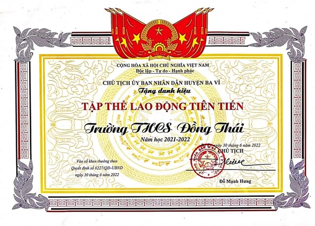 Trường THCS Đồng Thái đạt danh hiệu Tập thể lao động Tiên tiến năm học 2021 -2022.