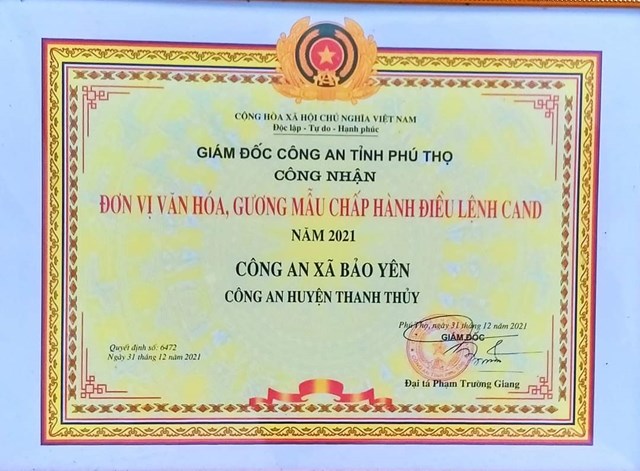 ông an xã Bảo Yên được Giám đốc công an tỉnh Phú Thọ công nhận Đơn vị văn hóa, gương mẫu chấp hành điều lệnh CAND. 